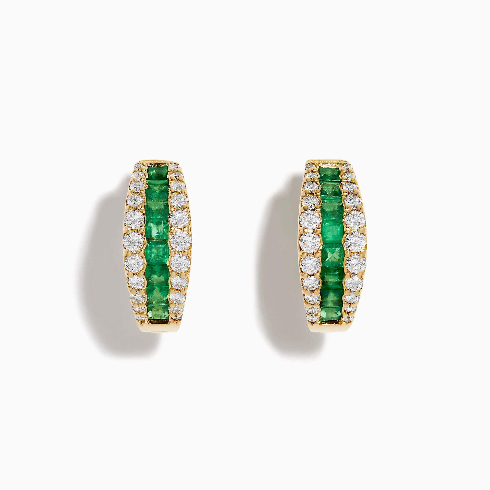 The Brasilica 14K Yellow Gold Emerald and Diamond Huggie Earrings feature a central row of green emeralds bordered by two rows of small white diamonds, shown on a white background.