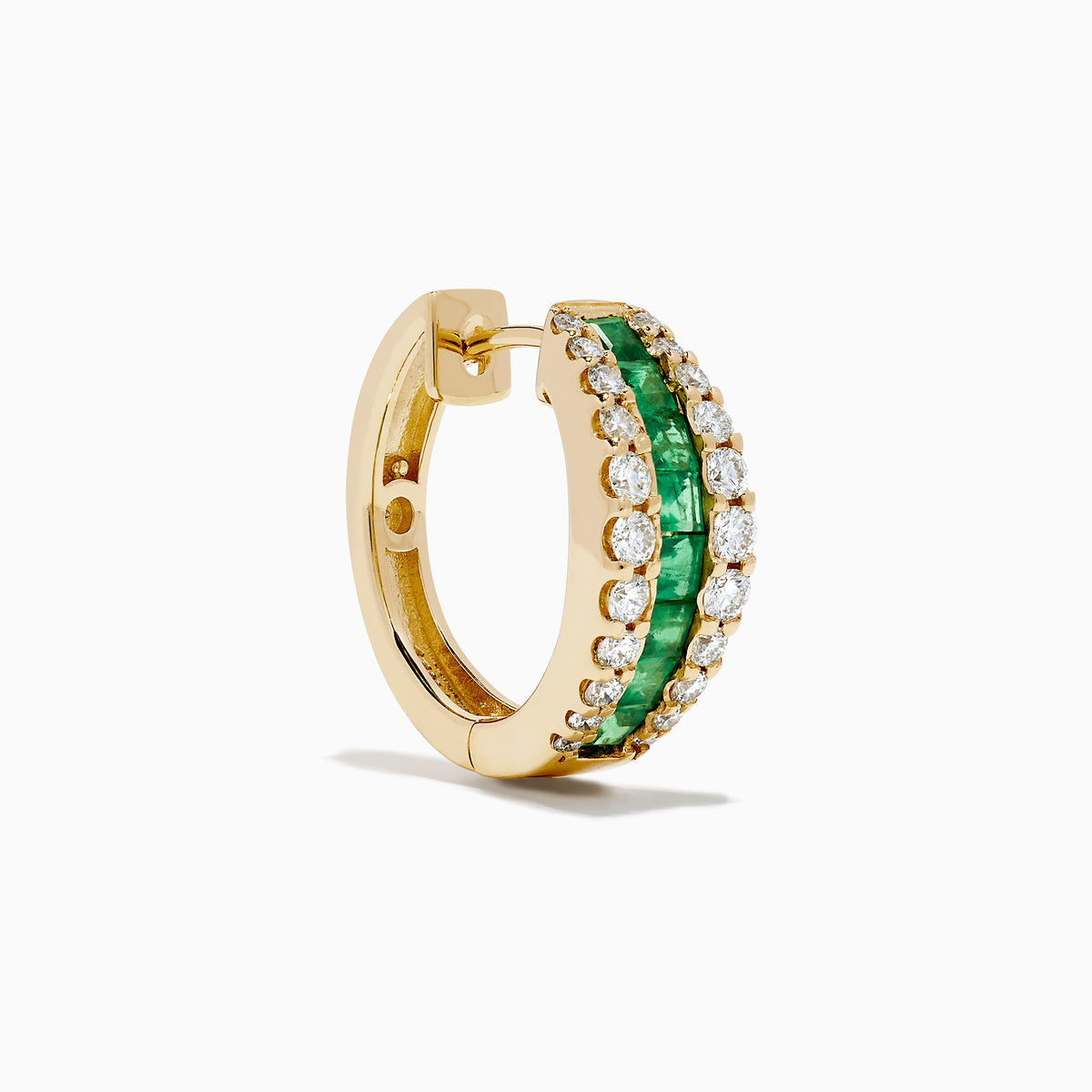 The Brasilica 14K Yellow Gold Emerald and Diamond Huggie Earrings feature a central row of green emeralds bordered by two rows of small white diamonds, shown on a white background.