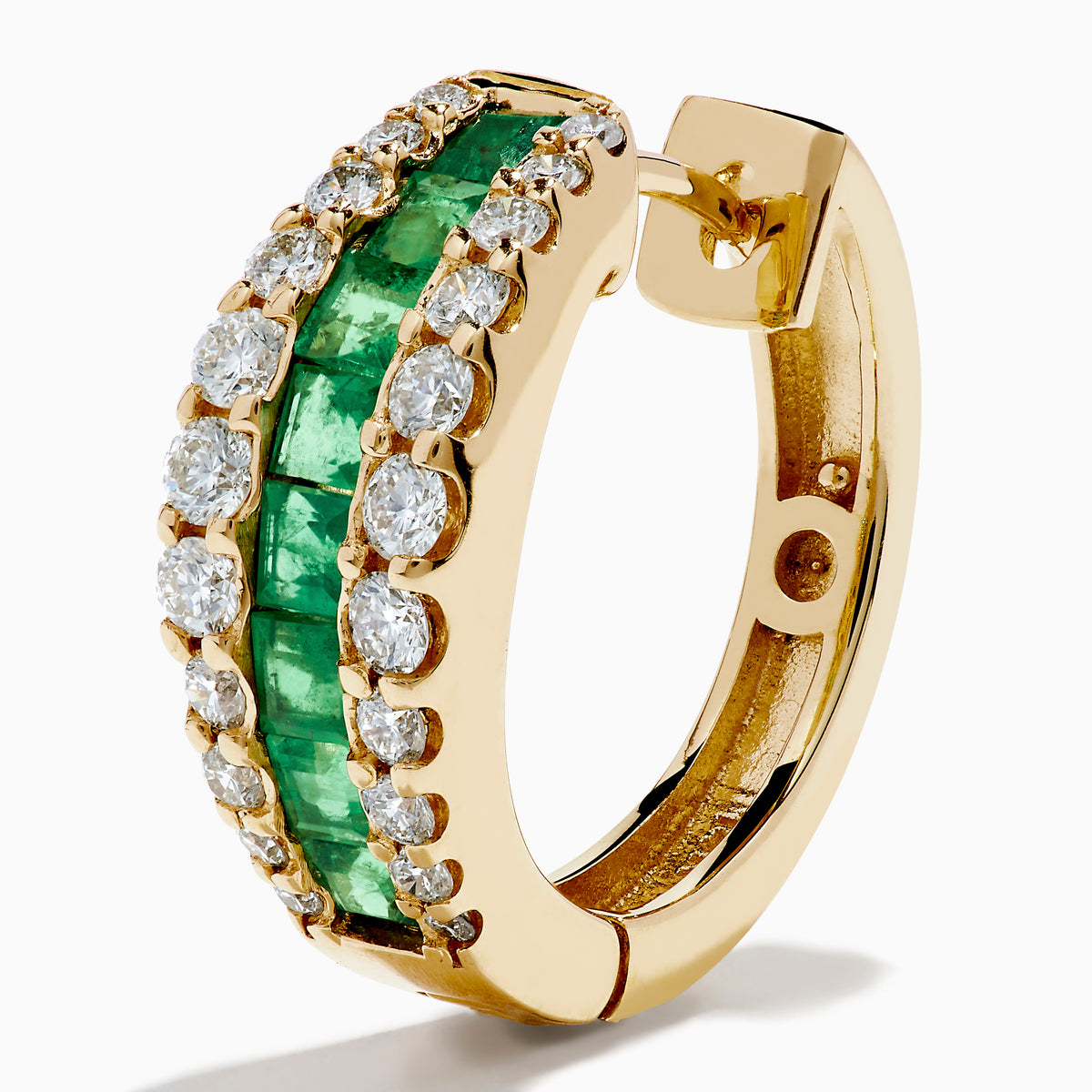 The Brasilica 14K Yellow Gold Emerald and Diamond Huggie Earrings feature a central row of green emeralds bordered by two rows of small white diamonds, shown on a white background.