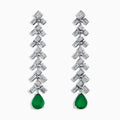 Brasilica 14K White Gold Emerald and Diamond Drop Earrings feature geometric silver and diamond shapes, each finishing with a teardrop-shaped emerald gemstone for an elegant, dangling look.