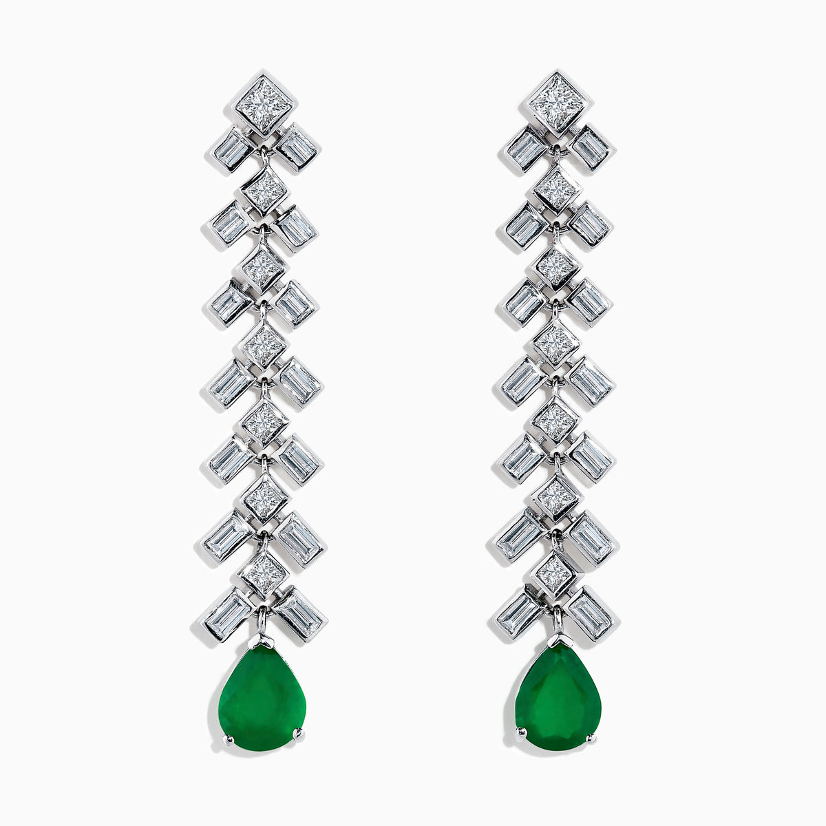 Brasilica 14K White Gold Emerald and Diamond Drop Earrings feature geometric silver and diamond shapes, each finishing with a teardrop-shaped emerald gemstone for an elegant, dangling look.