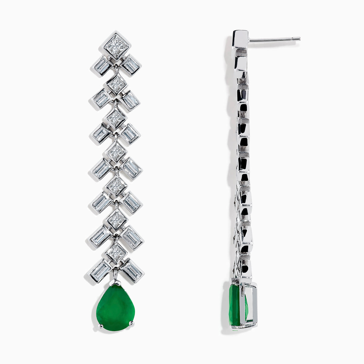 Brasilica 14K White Gold Emerald and Diamond Drop Earrings feature geometric silver and diamond shapes, each finishing with a teardrop-shaped emerald gemstone for an elegant, dangling look.