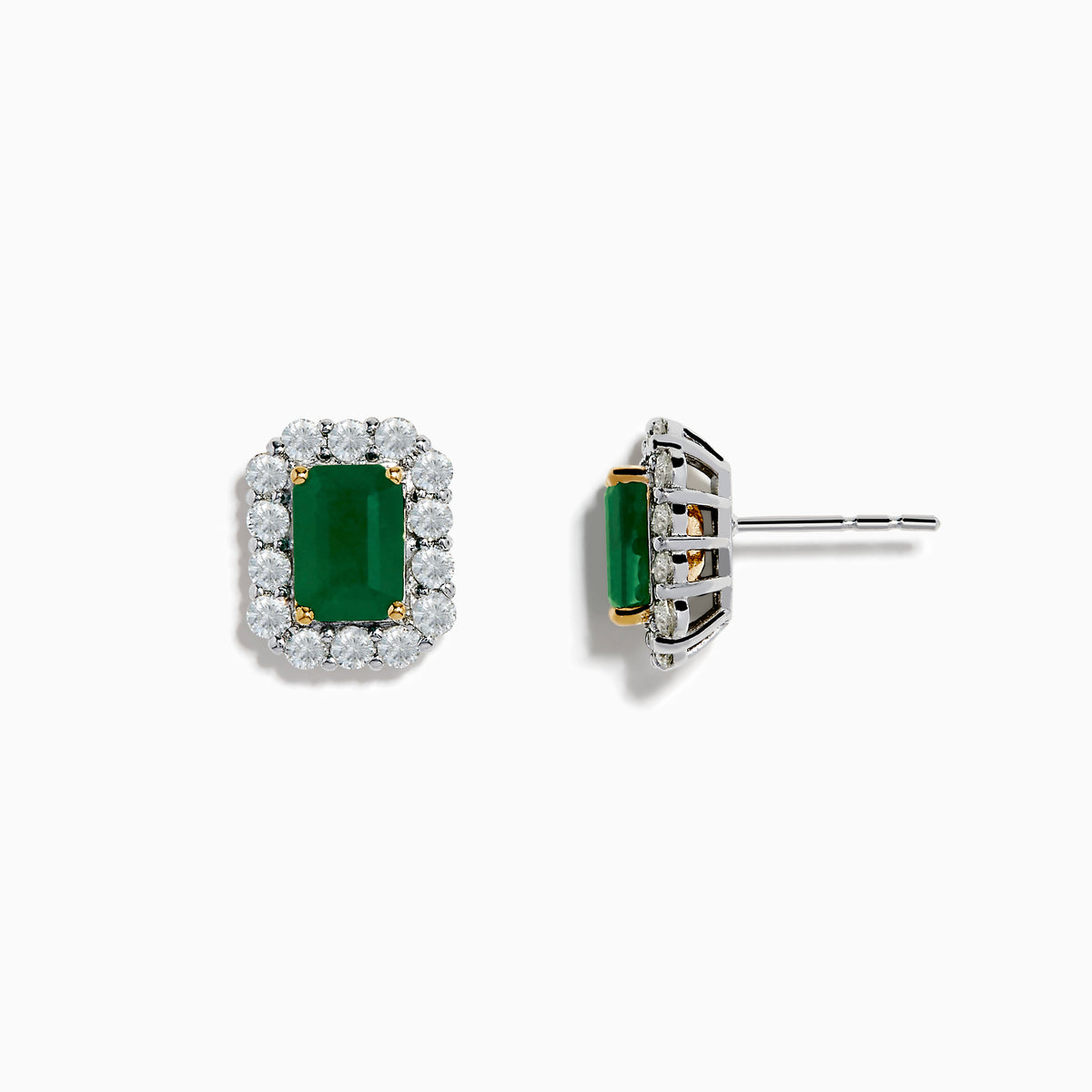The 14K Two Tone Gold Emerald and Diamond Earrings feature rectangular emerald green studs bordered by round white stones, set in 14K gold. These earrings are shown on a plain white background.