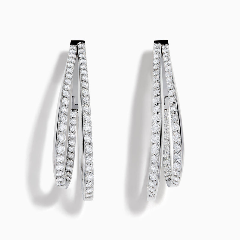 The 14K White Gold Diamond Double Hoop Earrings feature rows of sparkling diamonds on elegant double hoops, shown against a white background.