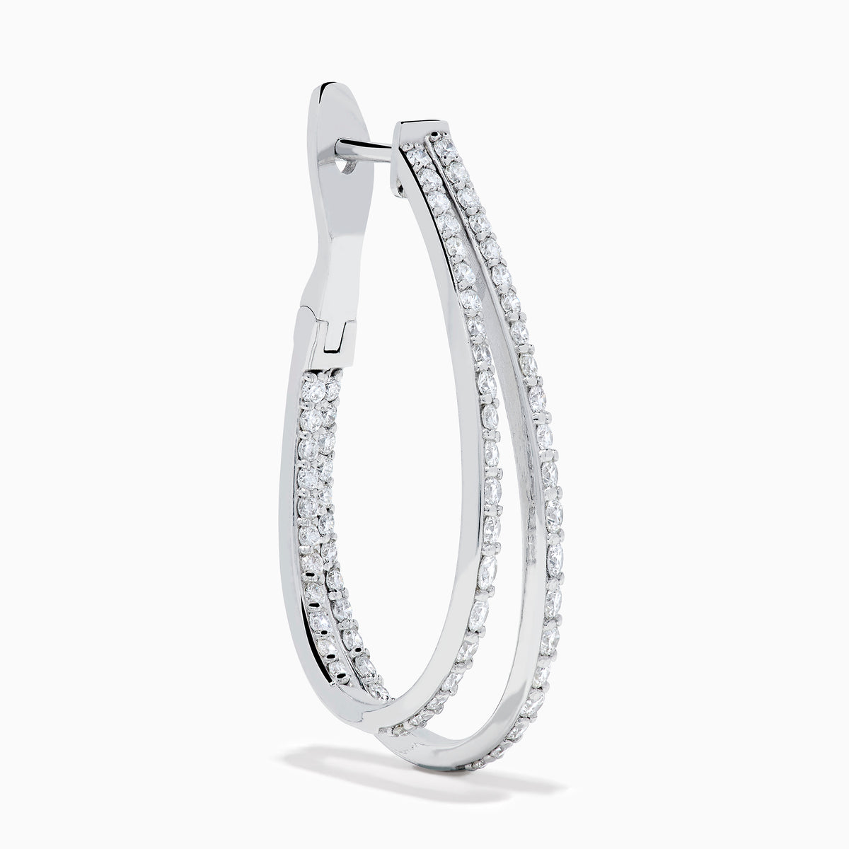 The 14K White Gold Diamond Double Hoop Earrings feature rows of sparkling diamonds on elegant double hoops, shown against a white background.