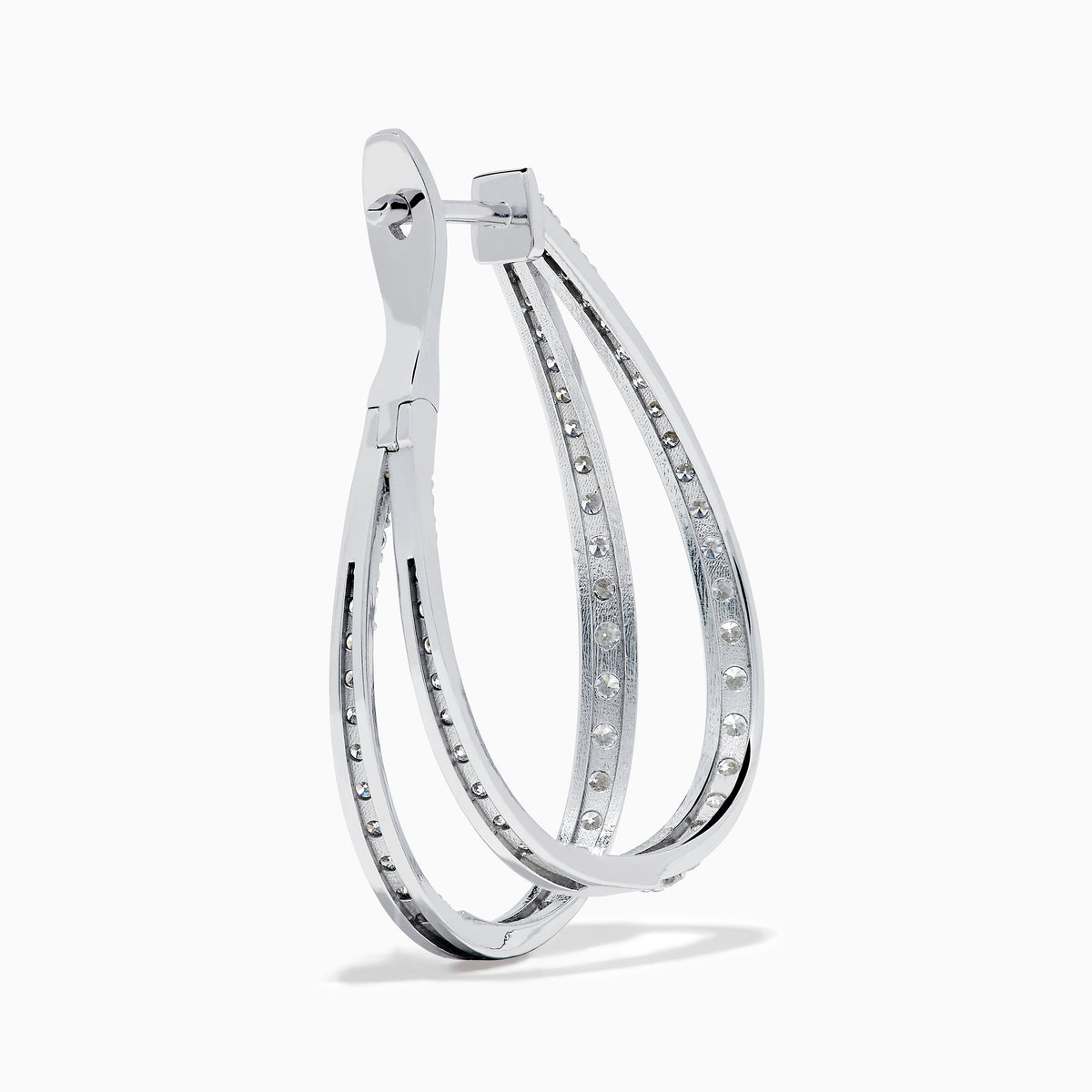 The 14K White Gold Diamond Double Hoop Earrings feature rows of sparkling diamonds on elegant double hoops, shown against a white background.