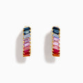The Watercolors 14K Yellow Gold Multi Sapphire Inside-Out Hoop Earrings feature vertically arranged rectangular sapphires in blue, purple, pink, and red gradients on a white background.