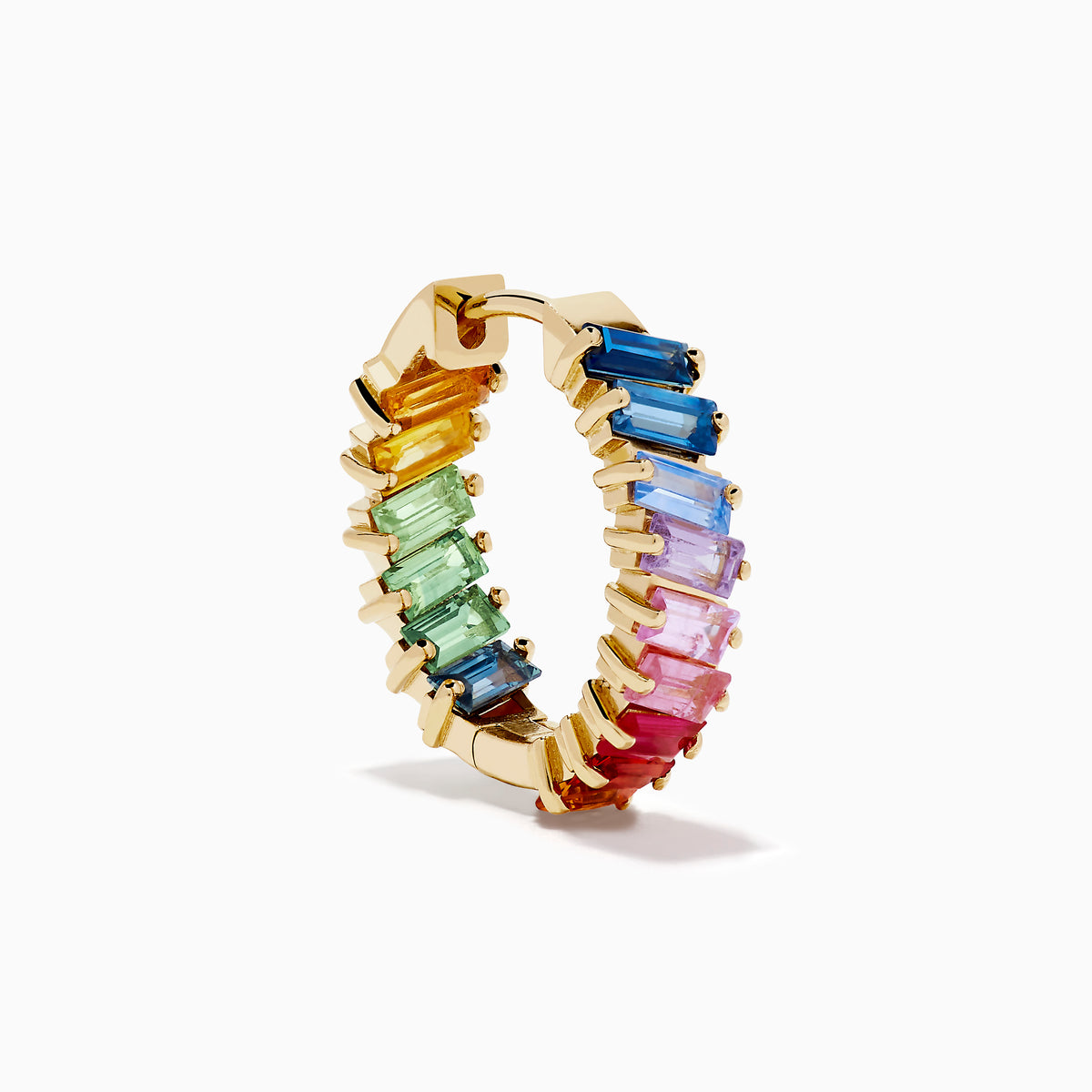 The Watercolors 14K Yellow Gold Multi Sapphire Inside-Out Hoop Earrings feature vertically arranged rectangular sapphires in blue, purple, pink, and red gradients on a white background.