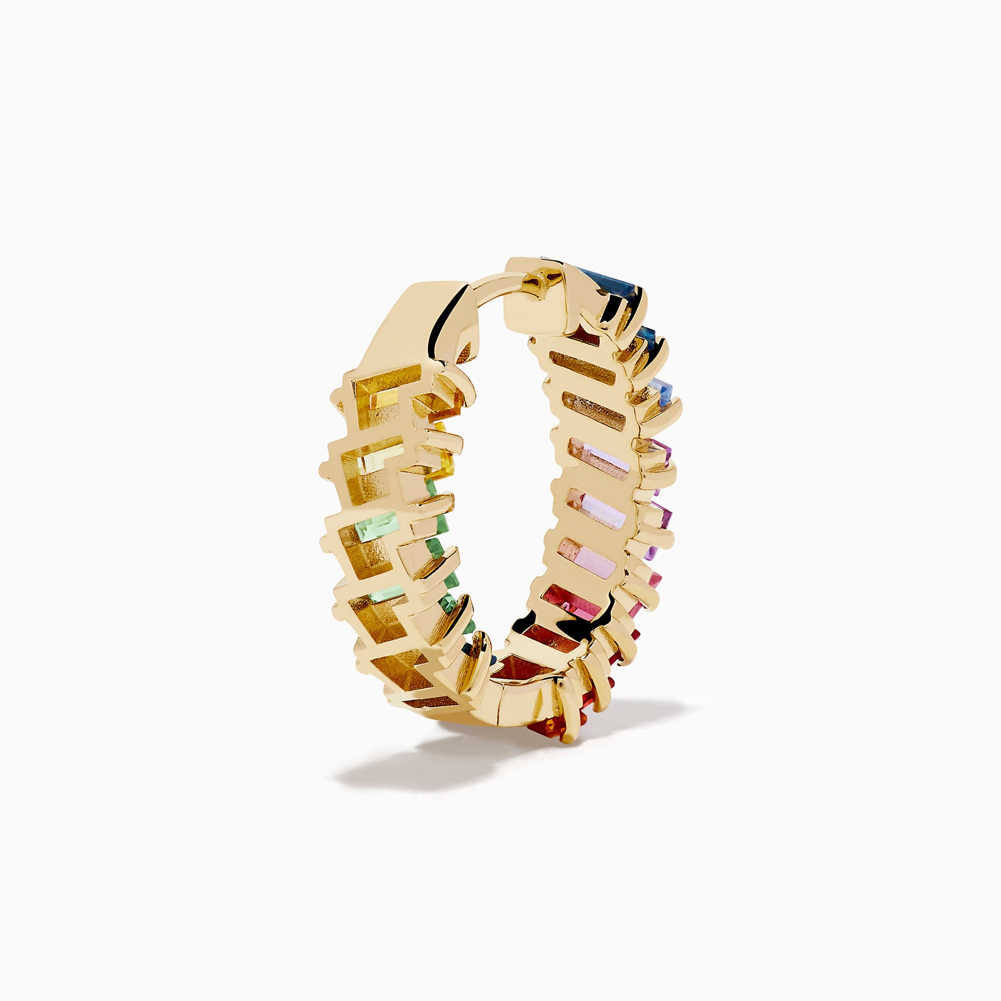 The Watercolors 14K Yellow Gold Multi Sapphire Inside-Out Hoop Earrings feature vertically arranged rectangular sapphires in blue, purple, pink, and red gradients on a white background.