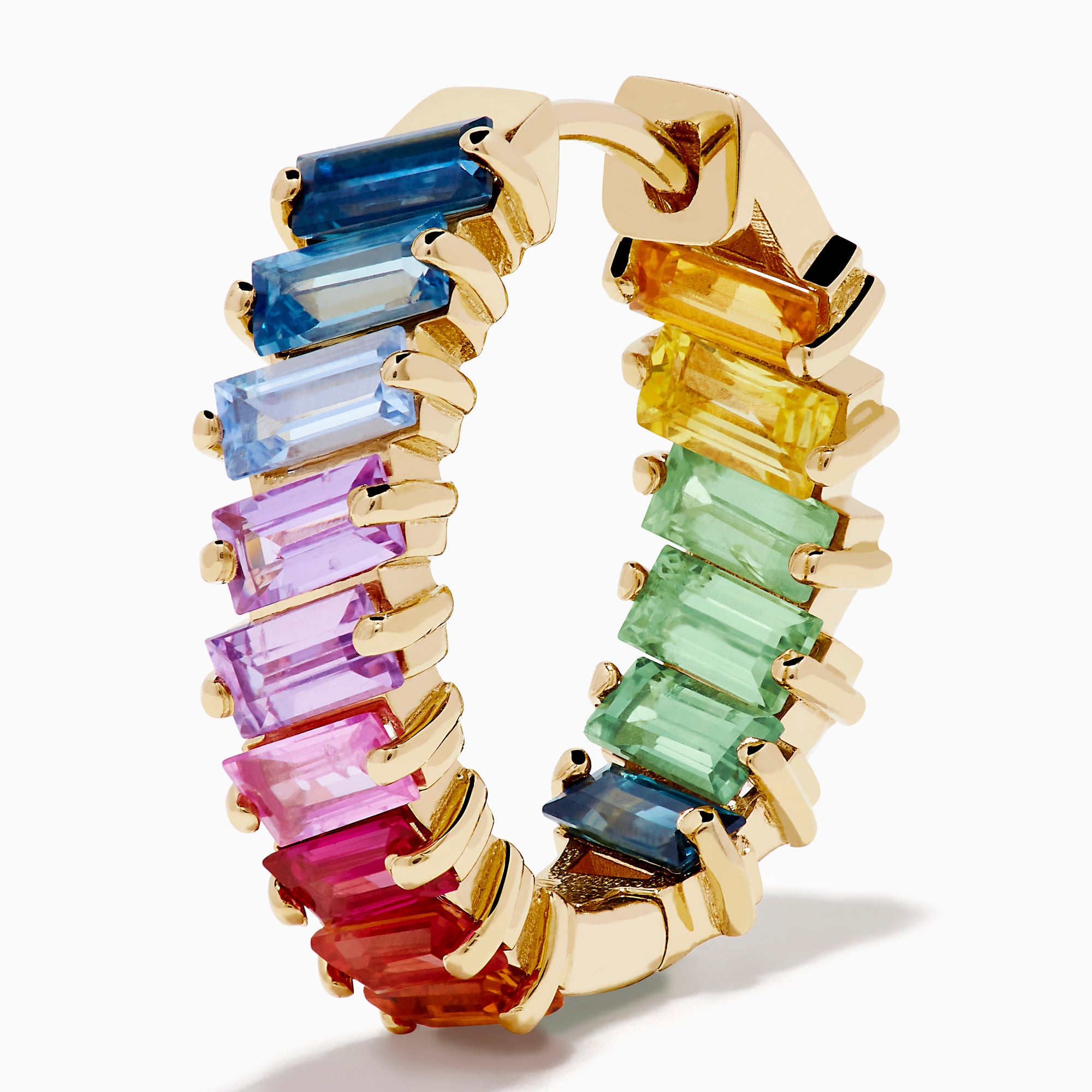 The Watercolors 14K Yellow Gold Multi Sapphire Inside-Out Hoop Earrings feature vertically arranged rectangular sapphires in blue, purple, pink, and red gradients on a white background.