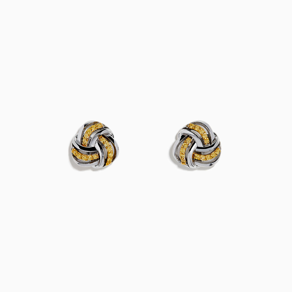 The 14K White Gold Yellow Diamond Love Knot Earrings feature an intricate love knot design with polished and textured finishes, crafted in 14K white gold, and are shown on a plain white background.