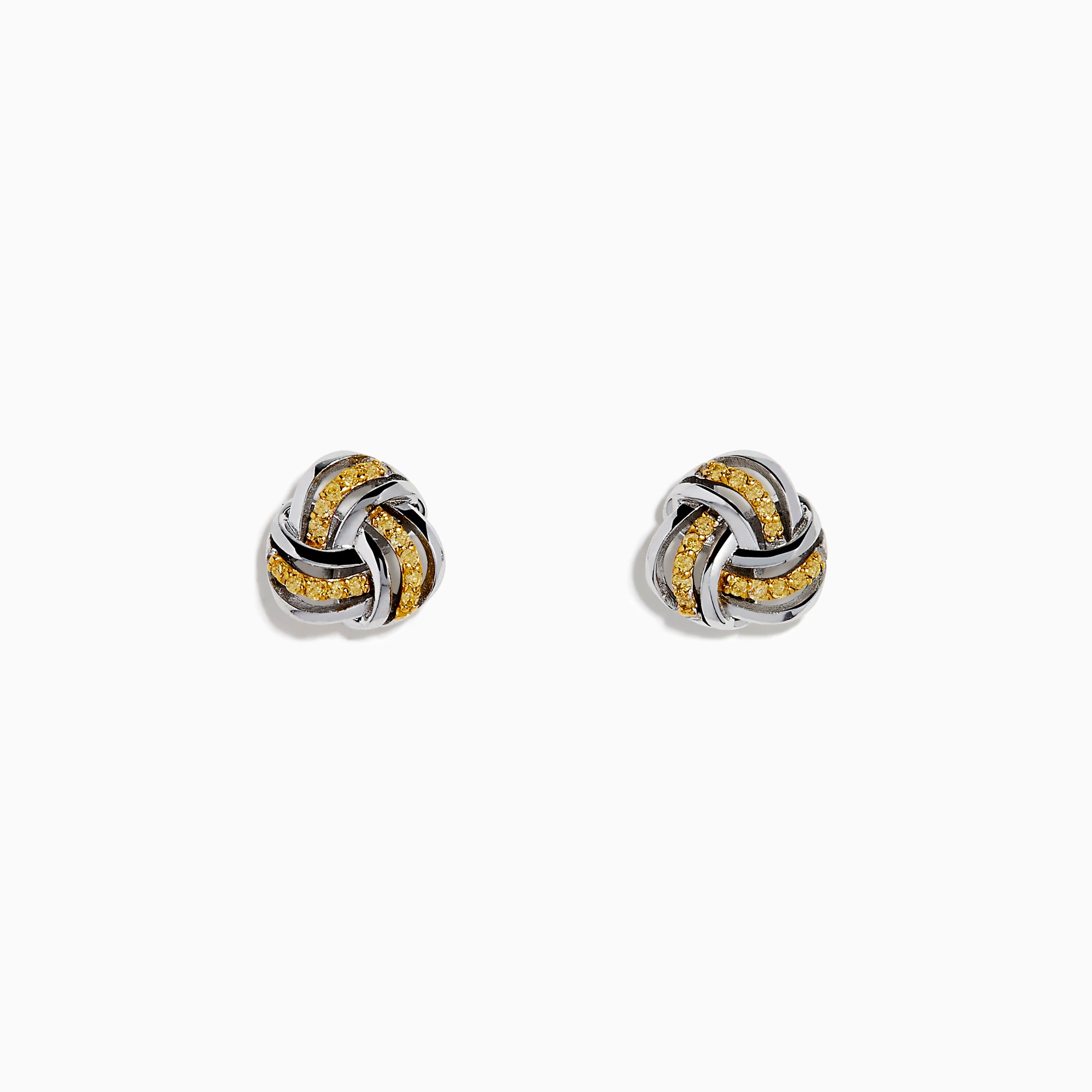 The 14K White Gold Yellow Diamond Love Knot Earrings feature an intricate love knot design with polished and textured finishes, crafted in 14K white gold, and are shown on a plain white background.