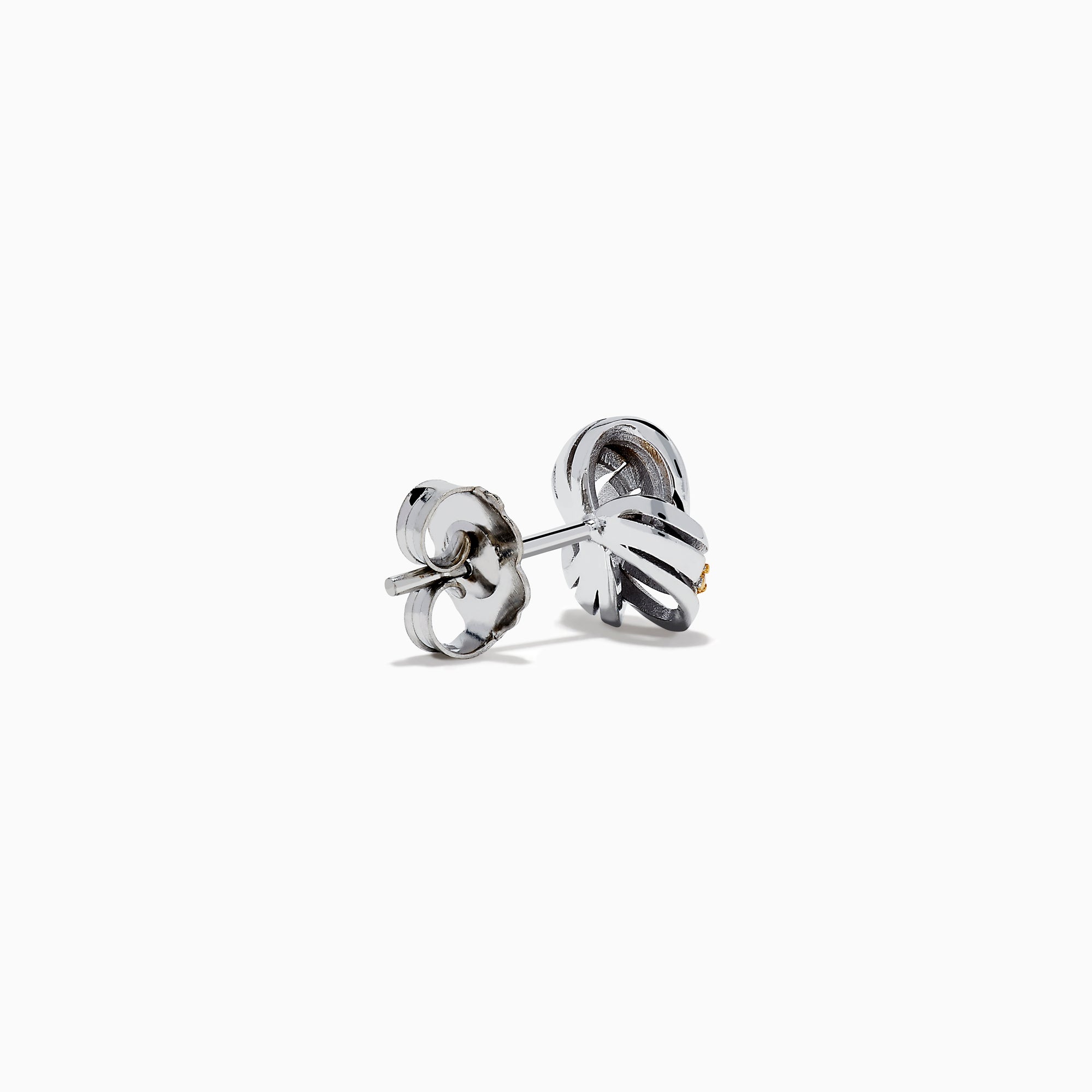 The 14K White Gold Yellow Diamond Love Knot Earrings feature an intricate love knot design with polished and textured finishes, crafted in 14K white gold, and are shown on a plain white background.