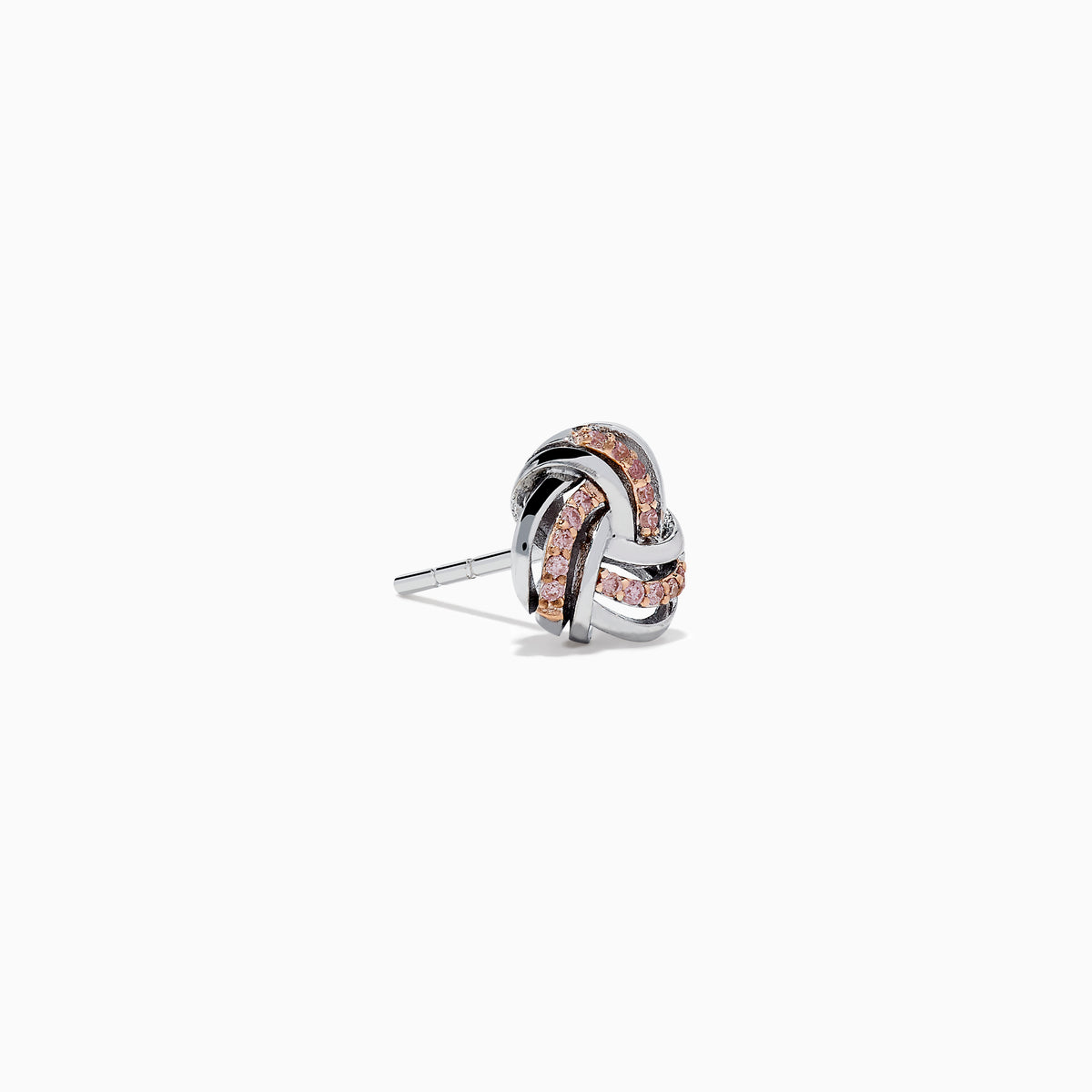 The 14K White Gold Pink Diamond Love Knot Earrings feature an intricate knot design in silver and rose gold tones, accented with sparkling pink diamonds. They are displayed against a plain white background.