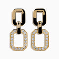 D'Oro 14K Yellow Gold Diamond Drop Earrings feature geometric rectangular links and dangling open octagonal shapes encrusted with clear crystals, all set against a white background.
