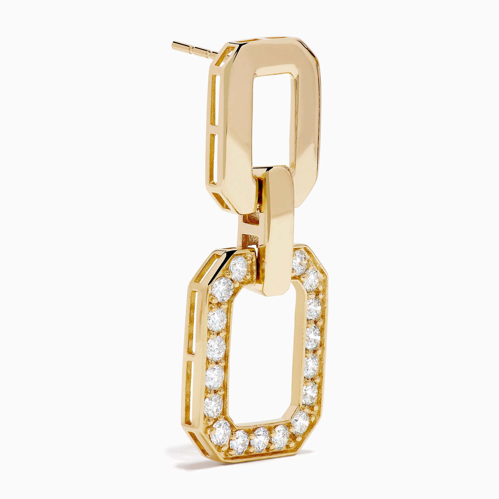 D'Oro 14K Yellow Gold Diamond Drop Earrings feature geometric rectangular links and dangling open octagonal shapes encrusted with clear crystals, all set against a white background.