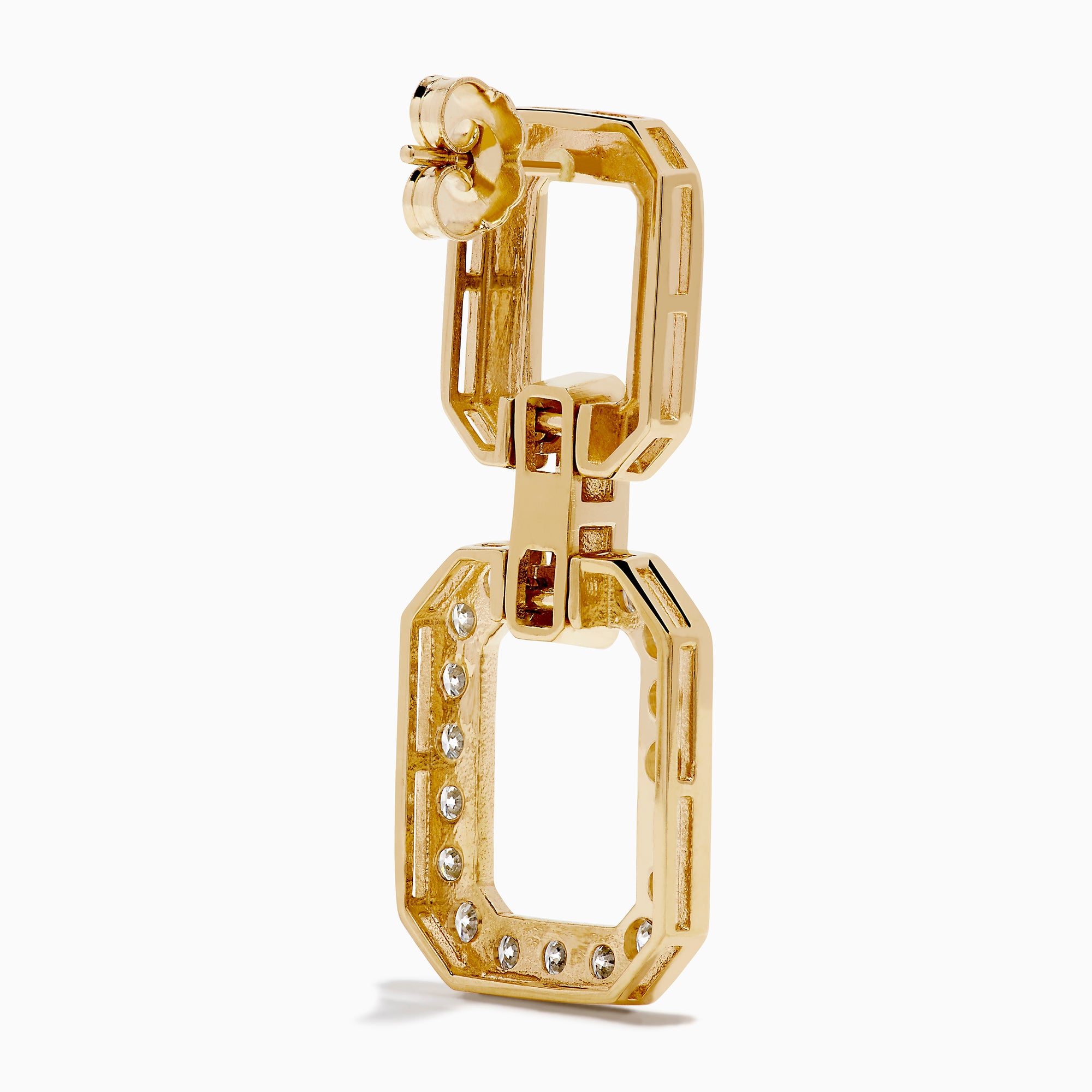 D'Oro 14K Yellow Gold Diamond Drop Earrings feature geometric rectangular links and dangling open octagonal shapes encrusted with clear crystals, all set against a white background.