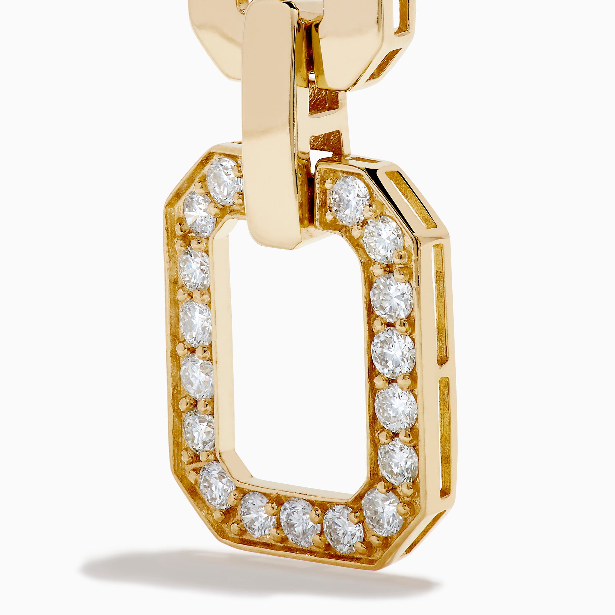 D'Oro 14K Yellow Gold Diamond Drop Earrings feature geometric rectangular links and dangling open octagonal shapes encrusted with clear crystals, all set against a white background.