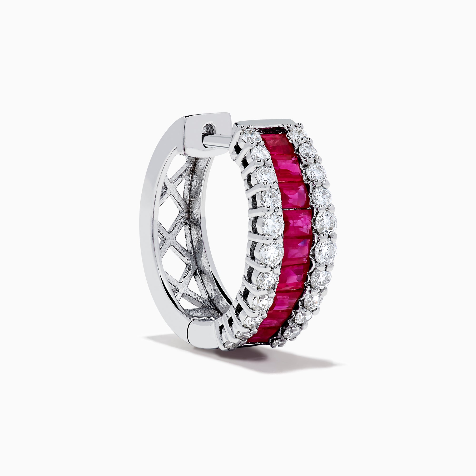 The 14K White Gold Ruby and Diamond Huggie Earrings feature a central row of square-cut red rubies, flanked by rows of round diamonds for extra brilliance.