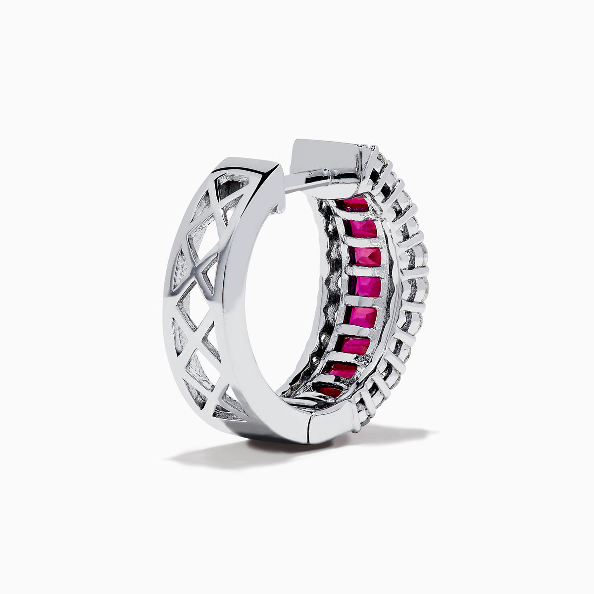 The 14K White Gold Ruby and Diamond Huggie Earrings feature a central row of square-cut red rubies, flanked by rows of round diamonds for extra brilliance.