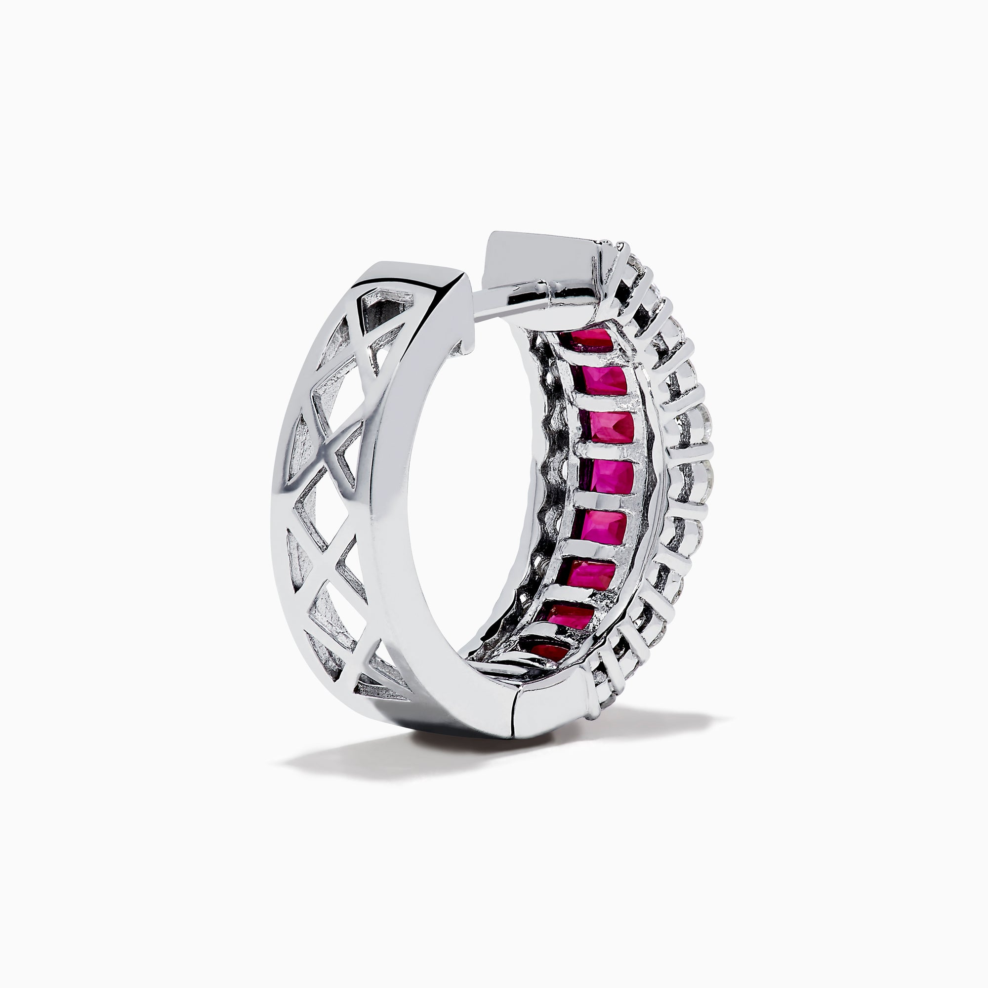 The 14K White Gold Ruby and Diamond Huggie Earrings feature a central row of square-cut red rubies, flanked by rows of round diamonds for extra brilliance.