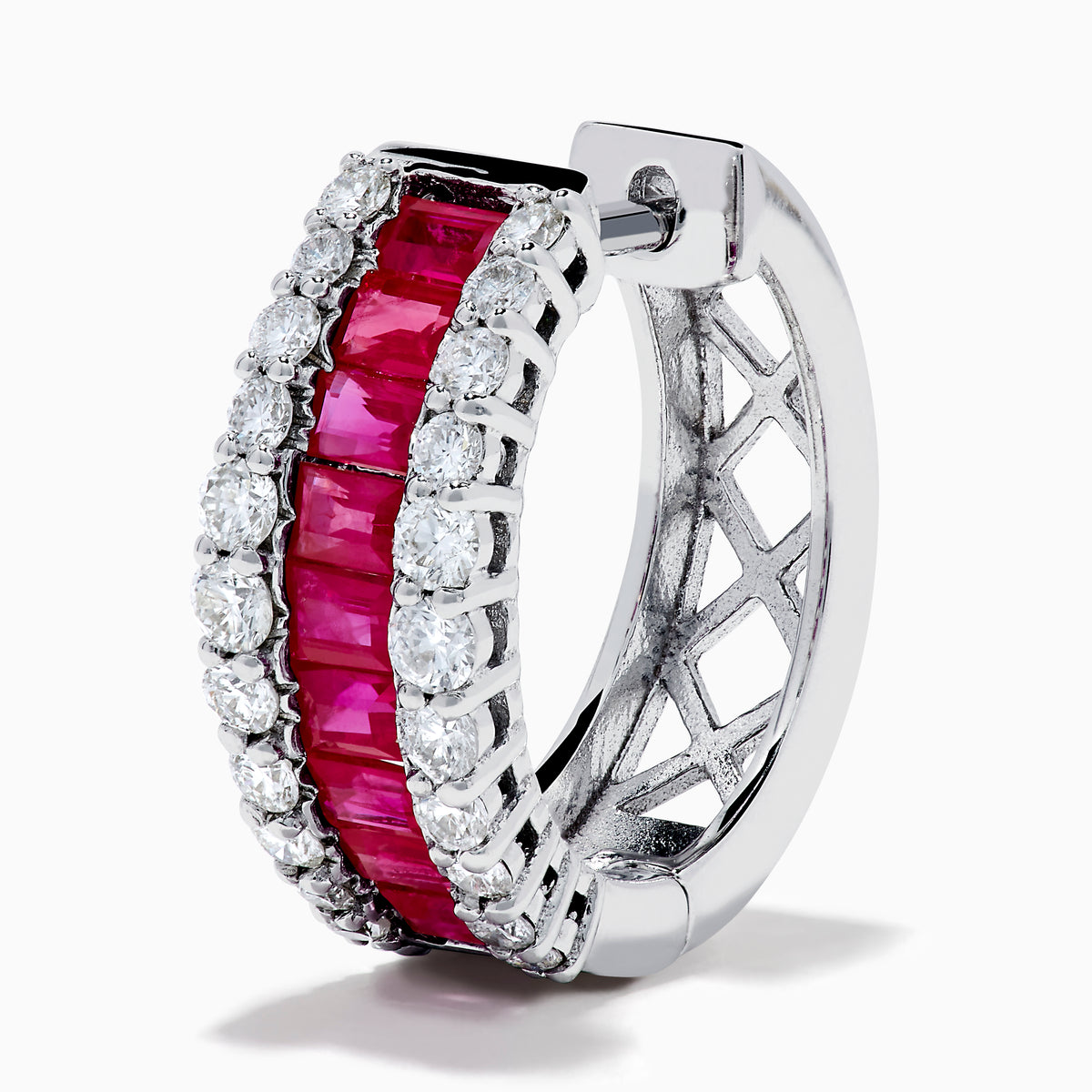 The 14K White Gold Ruby and Diamond Huggie Earrings feature a central row of square-cut red rubies, flanked by rows of round diamonds for extra brilliance.