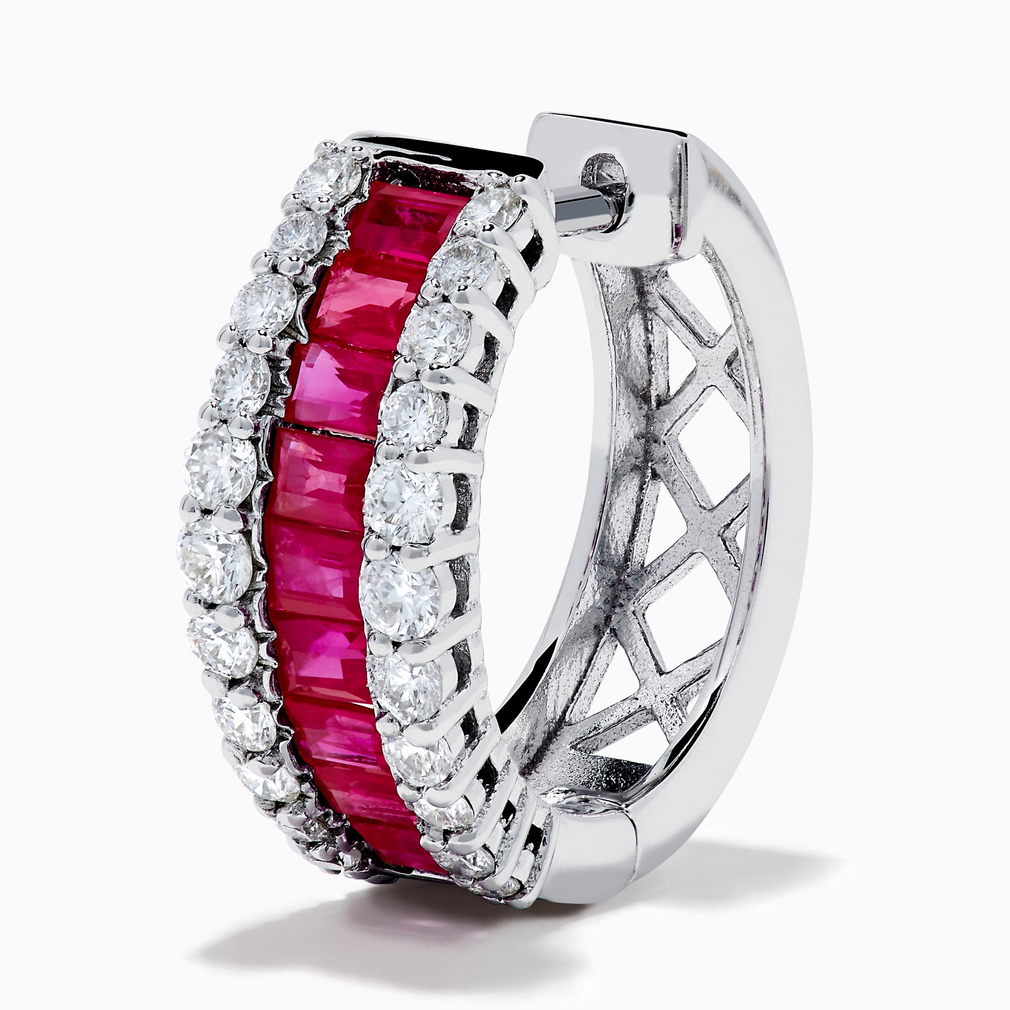 The 14K White Gold Ruby and Diamond Huggie Earrings feature a central row of square-cut red rubies, flanked by rows of round diamonds for extra brilliance.
