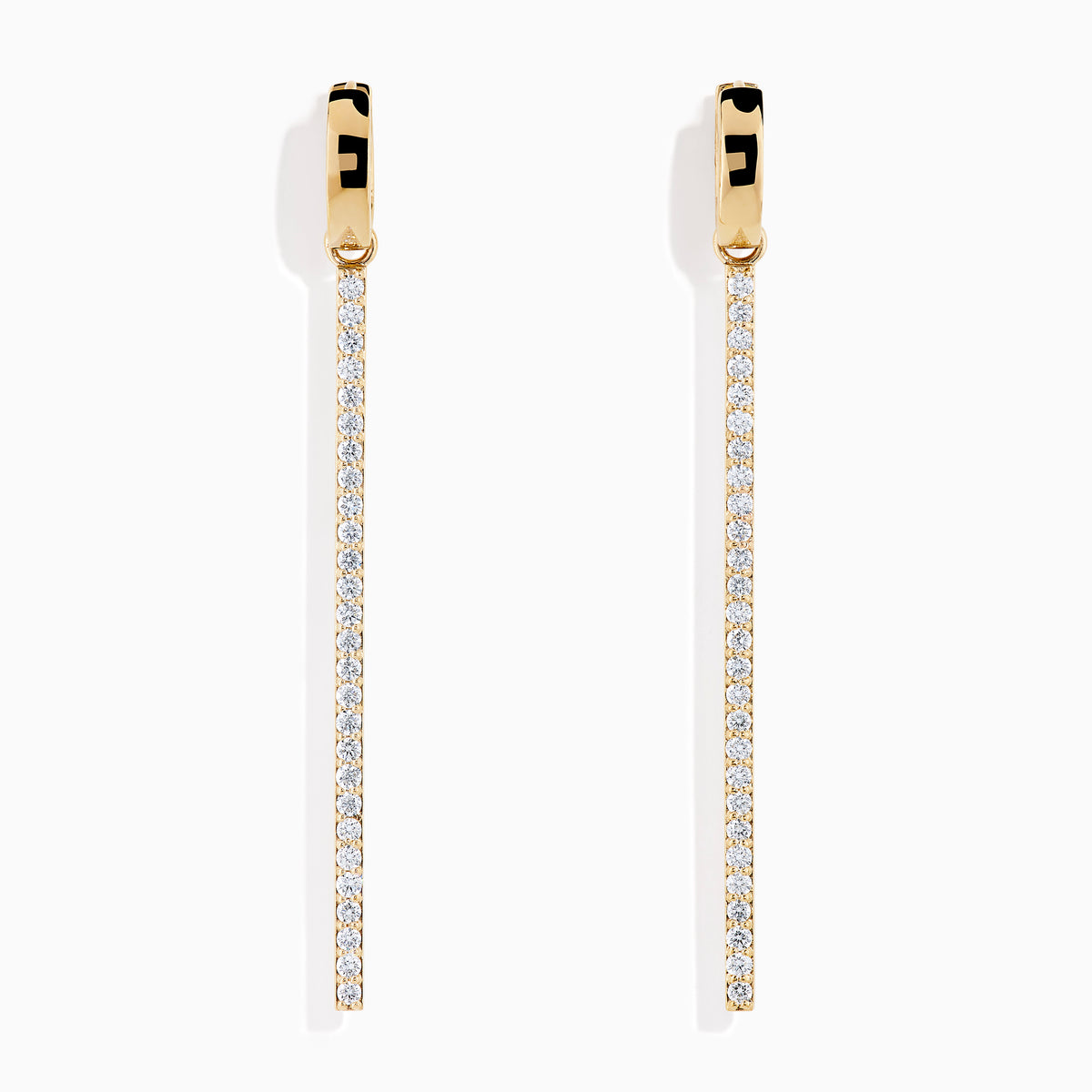 The 14K Yellow Gold Diamond Linear Bar Drop Huggie Earrings feature long, slender vertical bars accented with sparkling diamonds, displayed against a plain white background.