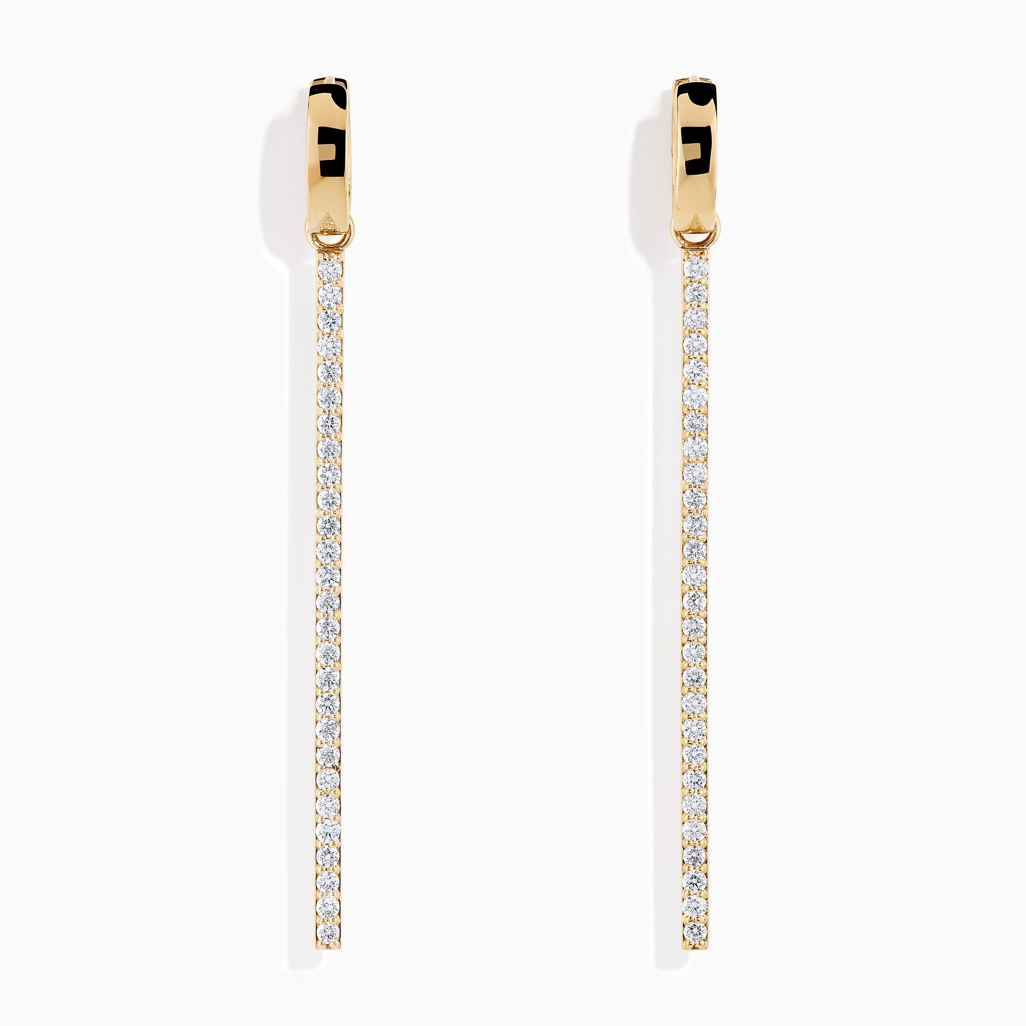 The 14K Yellow Gold Diamond Linear Bar Drop Huggie Earrings feature long, slender vertical bars accented with sparkling diamonds, displayed against a plain white background.