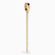 The 14K Yellow Gold Diamond Linear Bar Drop Huggie Earrings feature long, slender vertical bars accented with sparkling diamonds, displayed against a plain white background.
