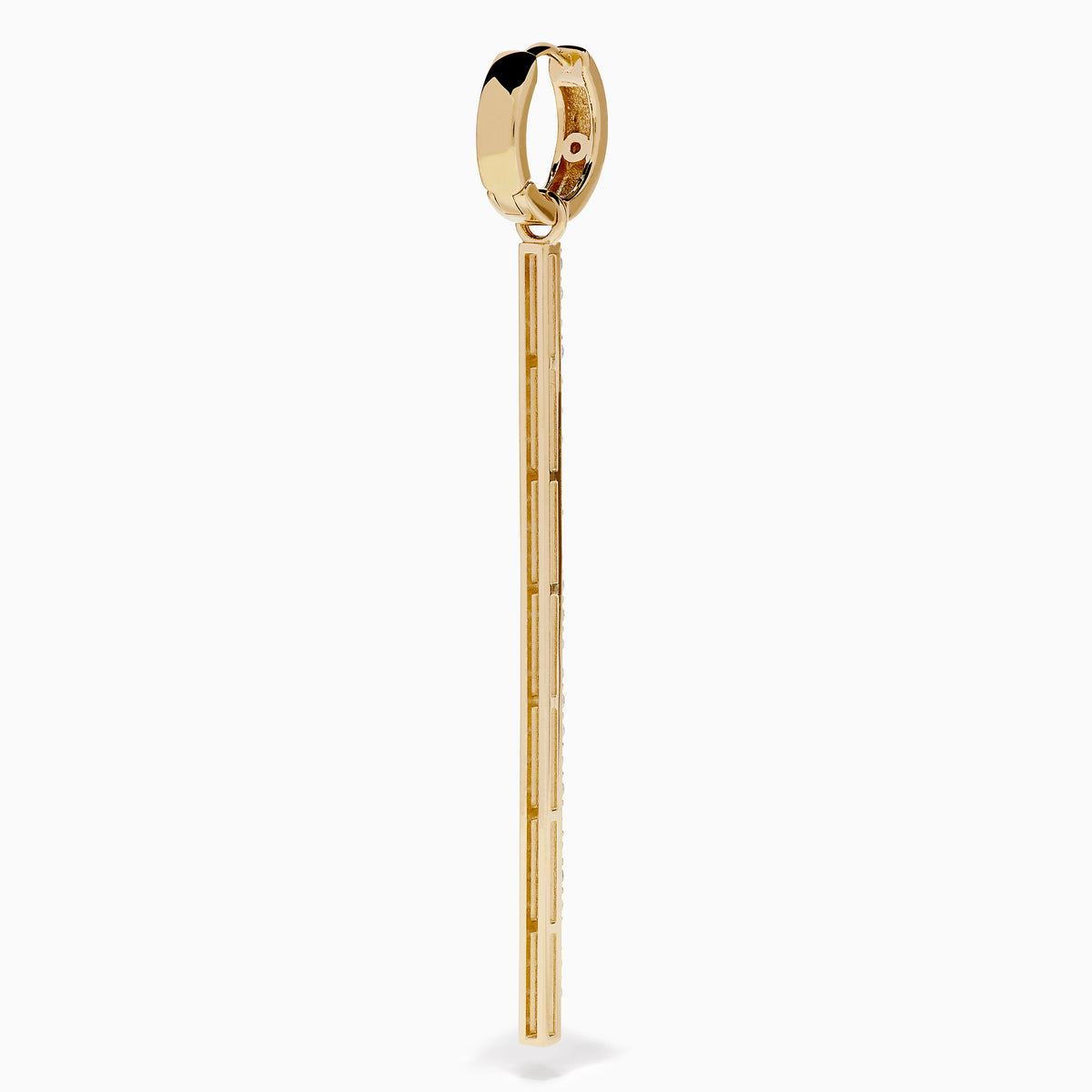 The 14K Yellow Gold Diamond Linear Bar Drop Huggie Earrings feature long, slender vertical bars accented with sparkling diamonds, displayed against a plain white background.