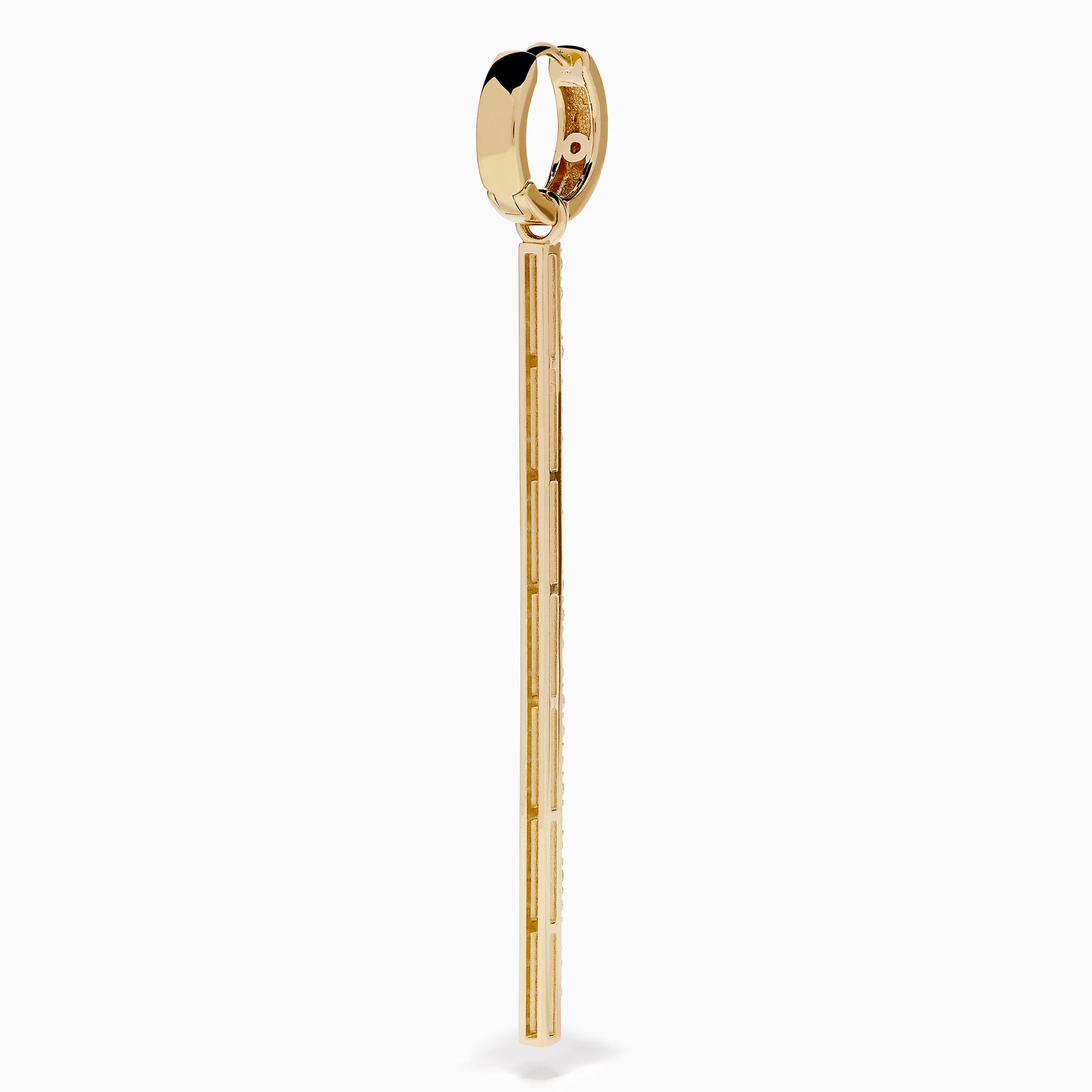 The 14K Yellow Gold Diamond Linear Bar Drop Huggie Earrings feature long, slender vertical bars accented with sparkling diamonds, displayed against a plain white background.
