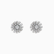 The 14K White Gold Diamond Firework Stud Earrings are shown against a white background, each featuring multiple sparkling diamonds set in a round, starburst-inspired floral cluster.