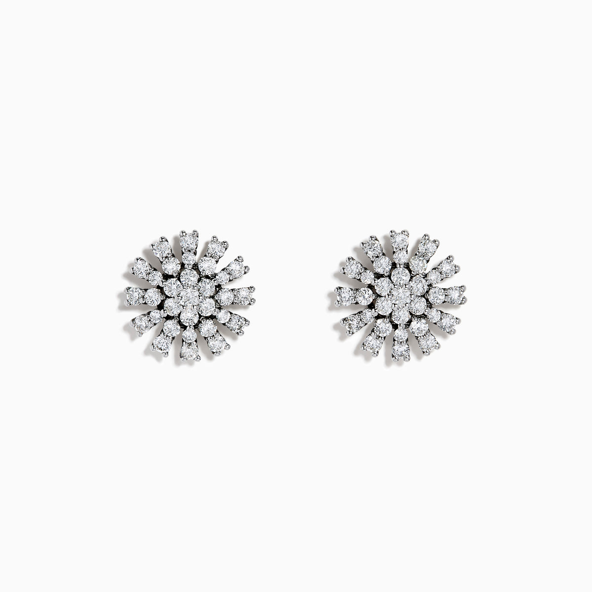 The 14K White Gold Diamond Firework Stud Earrings are shown against a white background, each featuring multiple sparkling diamonds set in a round, starburst-inspired floral cluster.