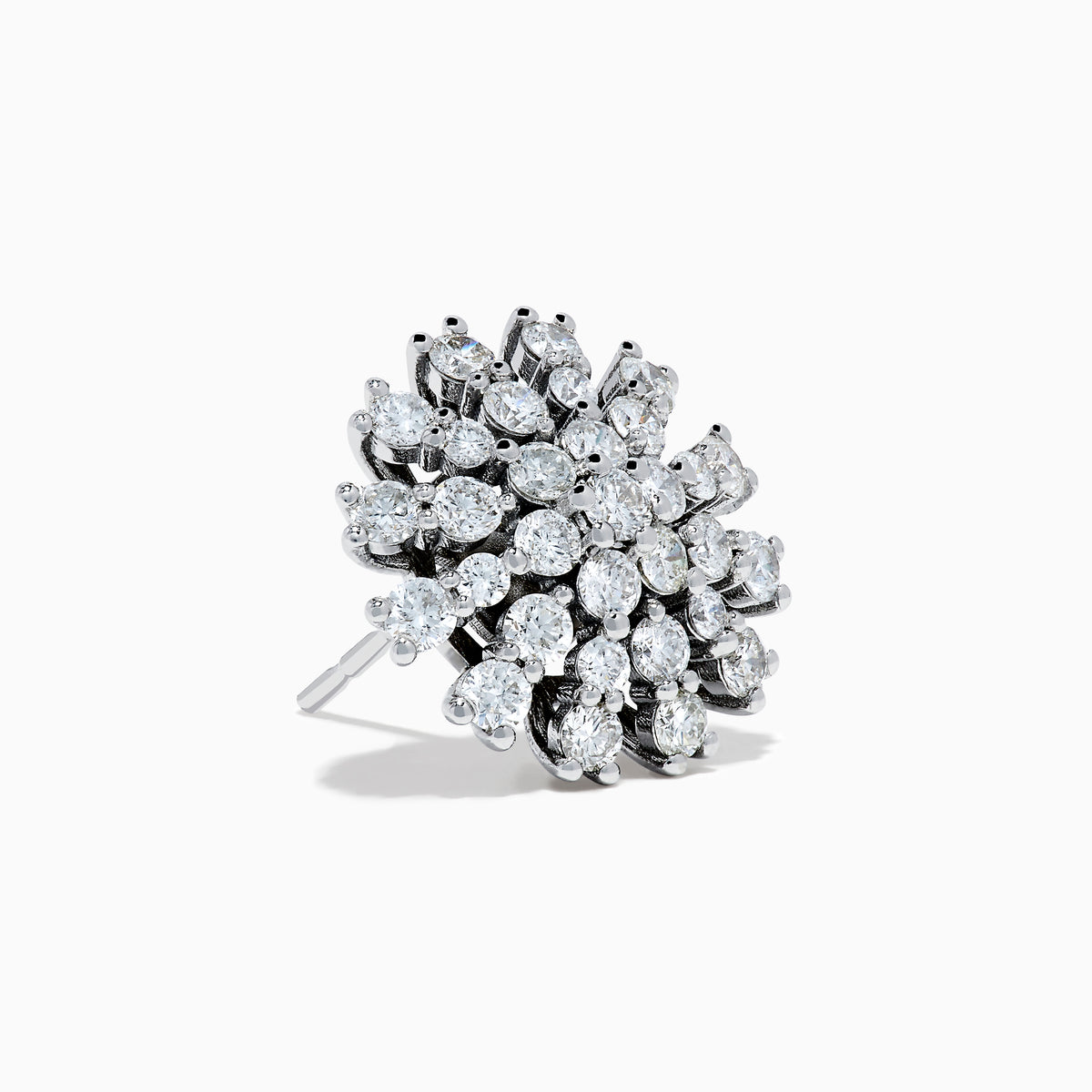 The 14K White Gold Diamond Firework Stud Earrings are shown against a white background, each featuring multiple sparkling diamonds set in a round, starburst-inspired floral cluster.