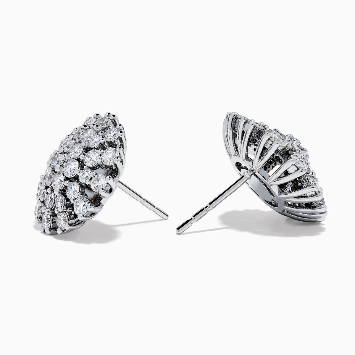 The 14K White Gold Diamond Firework Stud Earrings are shown against a white background, each featuring multiple sparkling diamonds set in a round, starburst-inspired floral cluster.