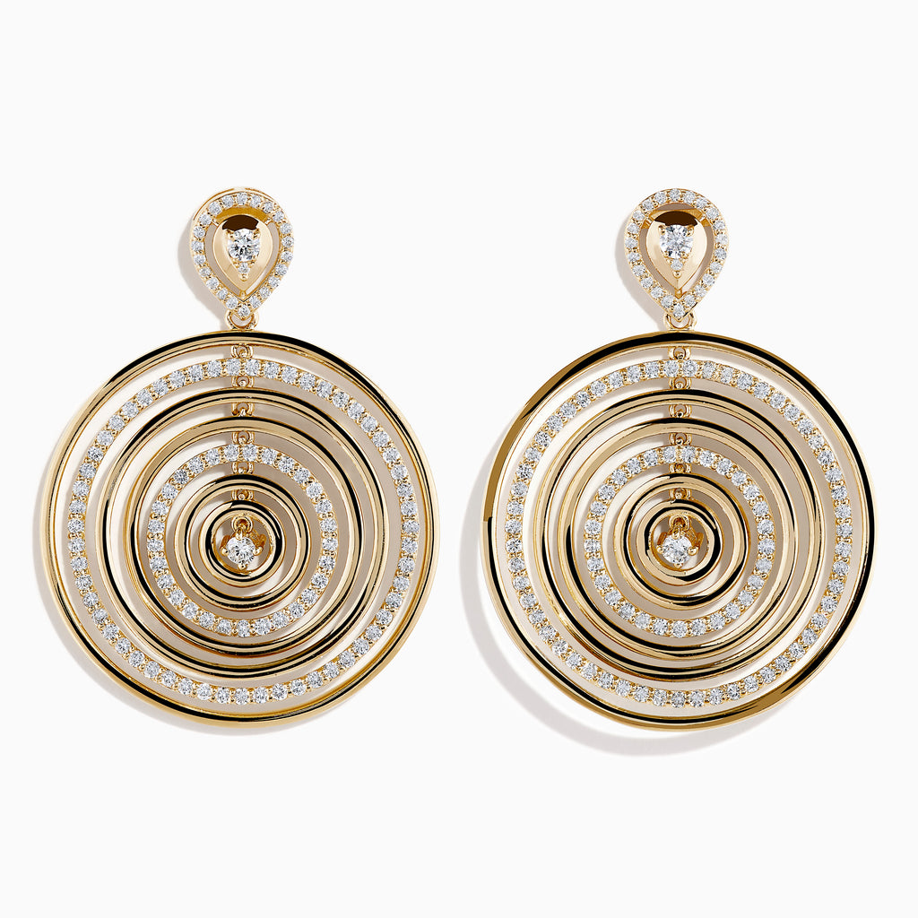 The 14K Yellow Gold Diamond Concentric Circle Drop Earrings feature sparkling diamond-outlined rings with single diamonds at the center and top—an elegant choice for any occasion.