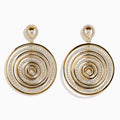 The 14K Yellow Gold Diamond Concentric Circle Drop Earrings feature sparkling diamond-outlined rings with single diamonds at the center and top—an elegant choice for any occasion.