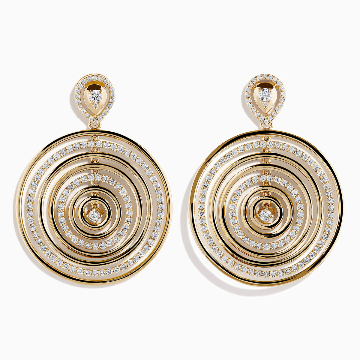 The 14K Yellow Gold Diamond Concentric Circle Drop Earrings feature sparkling diamond-outlined rings with single diamonds at the center and top—an elegant choice for any occasion.