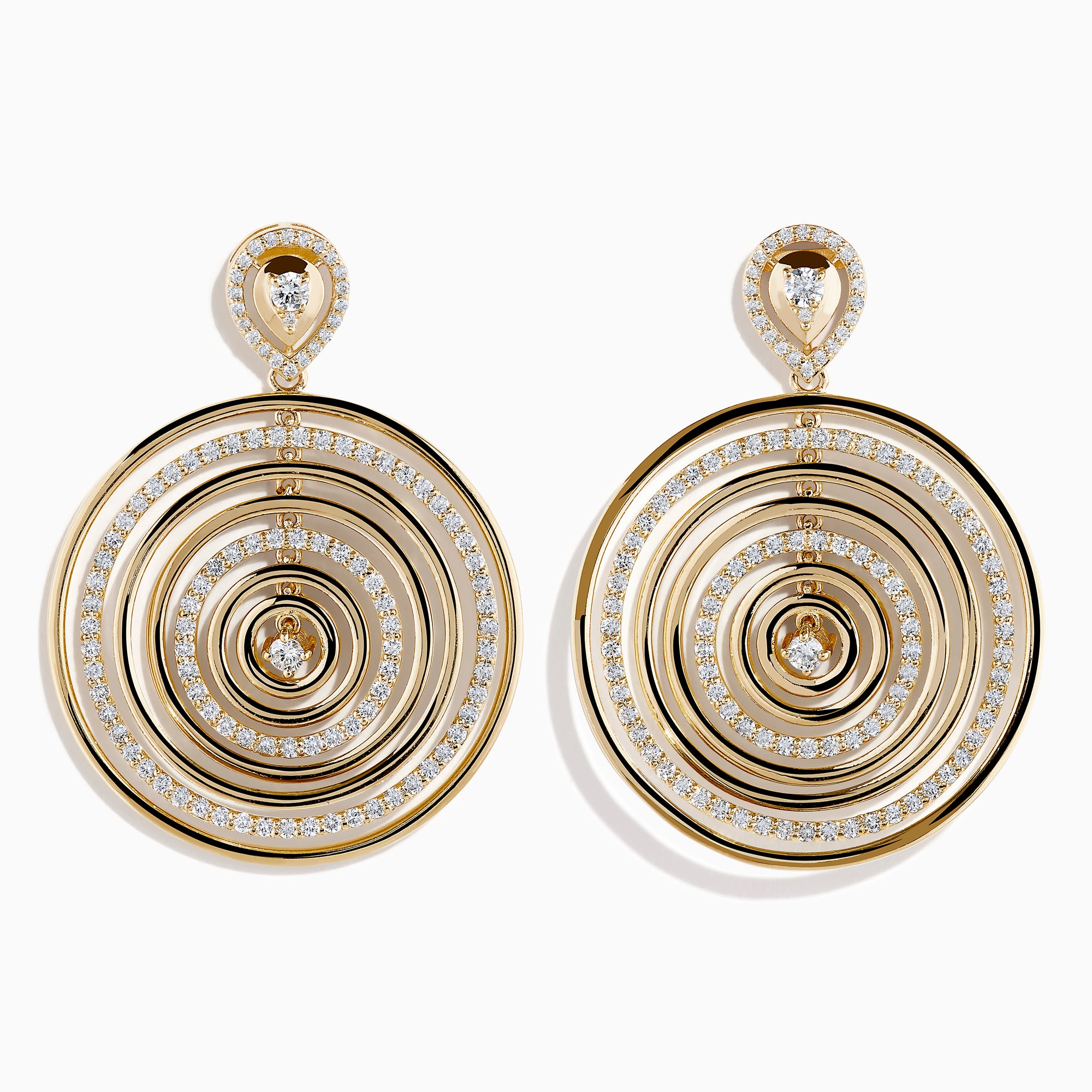 The 14K Yellow Gold Diamond Concentric Circle Drop Earrings feature sparkling diamond-outlined rings with single diamonds at the center and top—an elegant choice for any occasion.