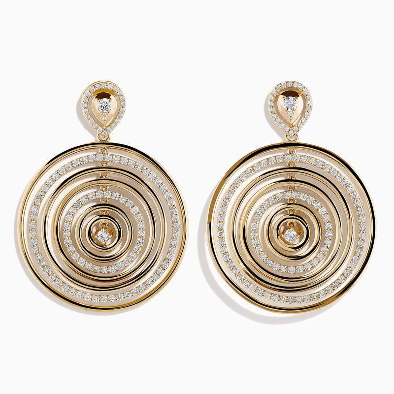 The 14K Yellow Gold Diamond Concentric Circle Drop Earrings feature sparkling diamond-outlined rings with single diamonds at the center and top—an elegant choice for any occasion.