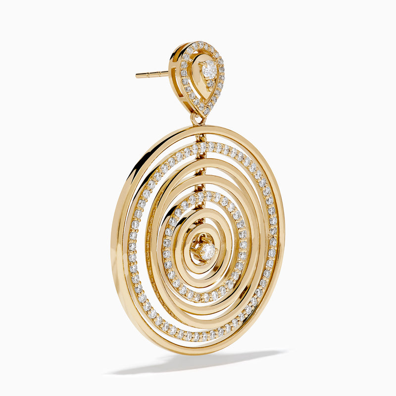 The 14K Yellow Gold Diamond Concentric Circle Drop Earrings feature sparkling diamond-outlined rings with single diamonds at the center and top—an elegant choice for any occasion.