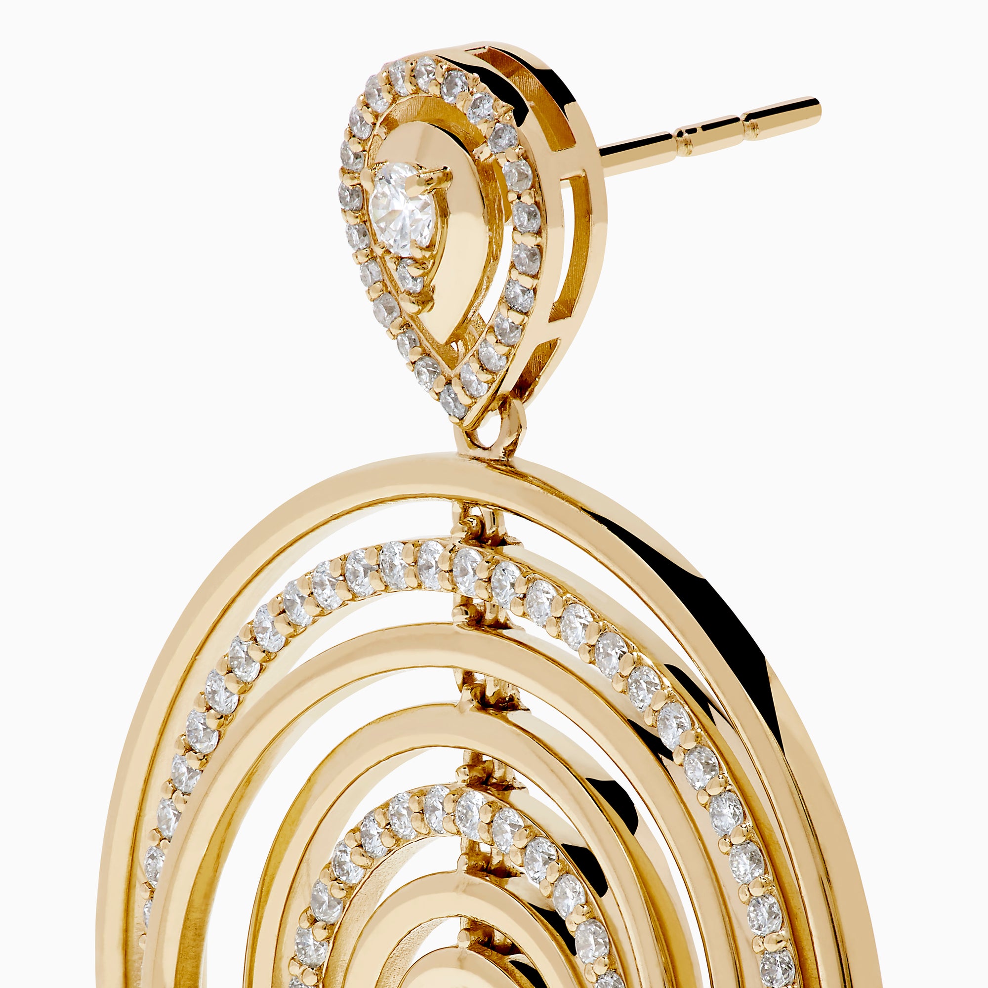 The 14K Yellow Gold Diamond Concentric Circle Drop Earrings feature sparkling diamond-outlined rings with single diamonds at the center and top—an elegant choice for any occasion.