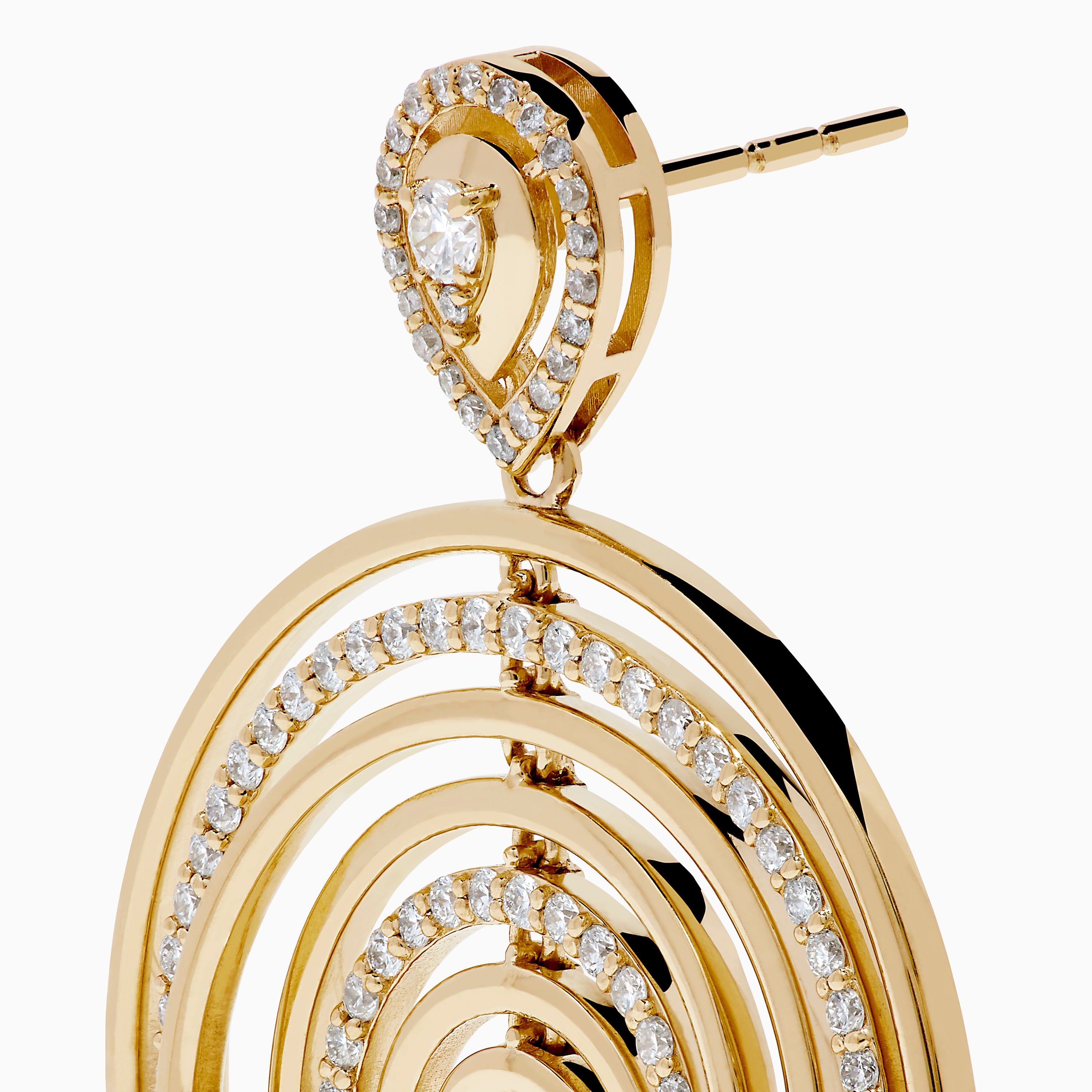 The 14K Yellow Gold Diamond Concentric Circle Drop Earrings feature sparkling diamond-outlined rings with single diamonds at the center and top—an elegant choice for any occasion.