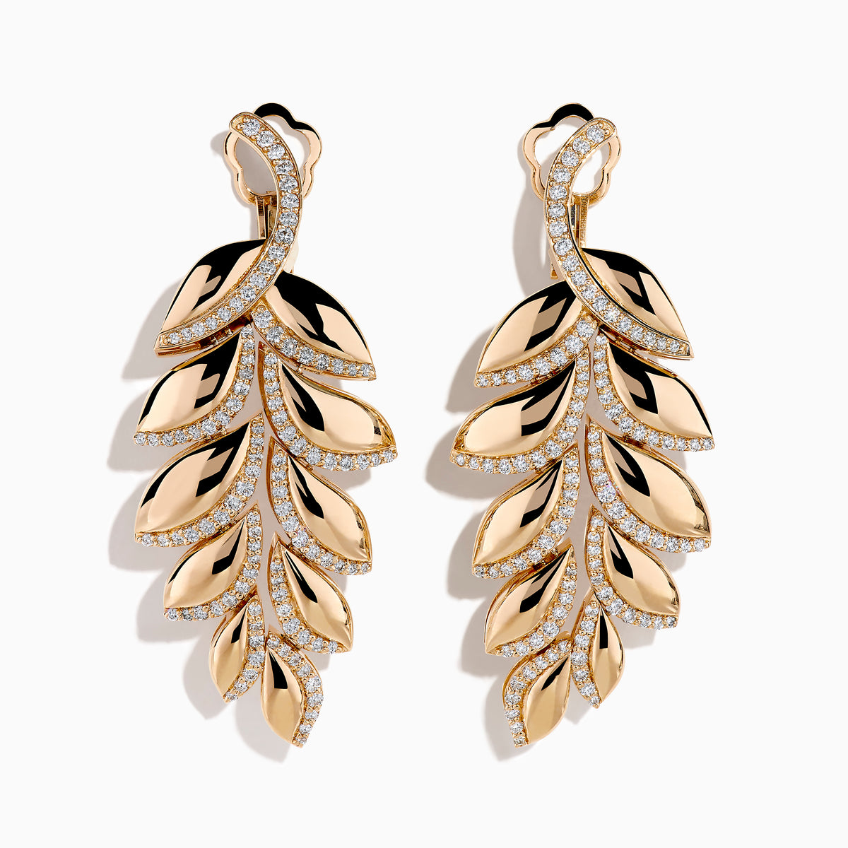 The 14K Rose Gold Diamond Leaf Cascade Drop Earrings feature sparkling diamonds in layered leaf shapes and a polished finish, beautifully displayed on a white background.