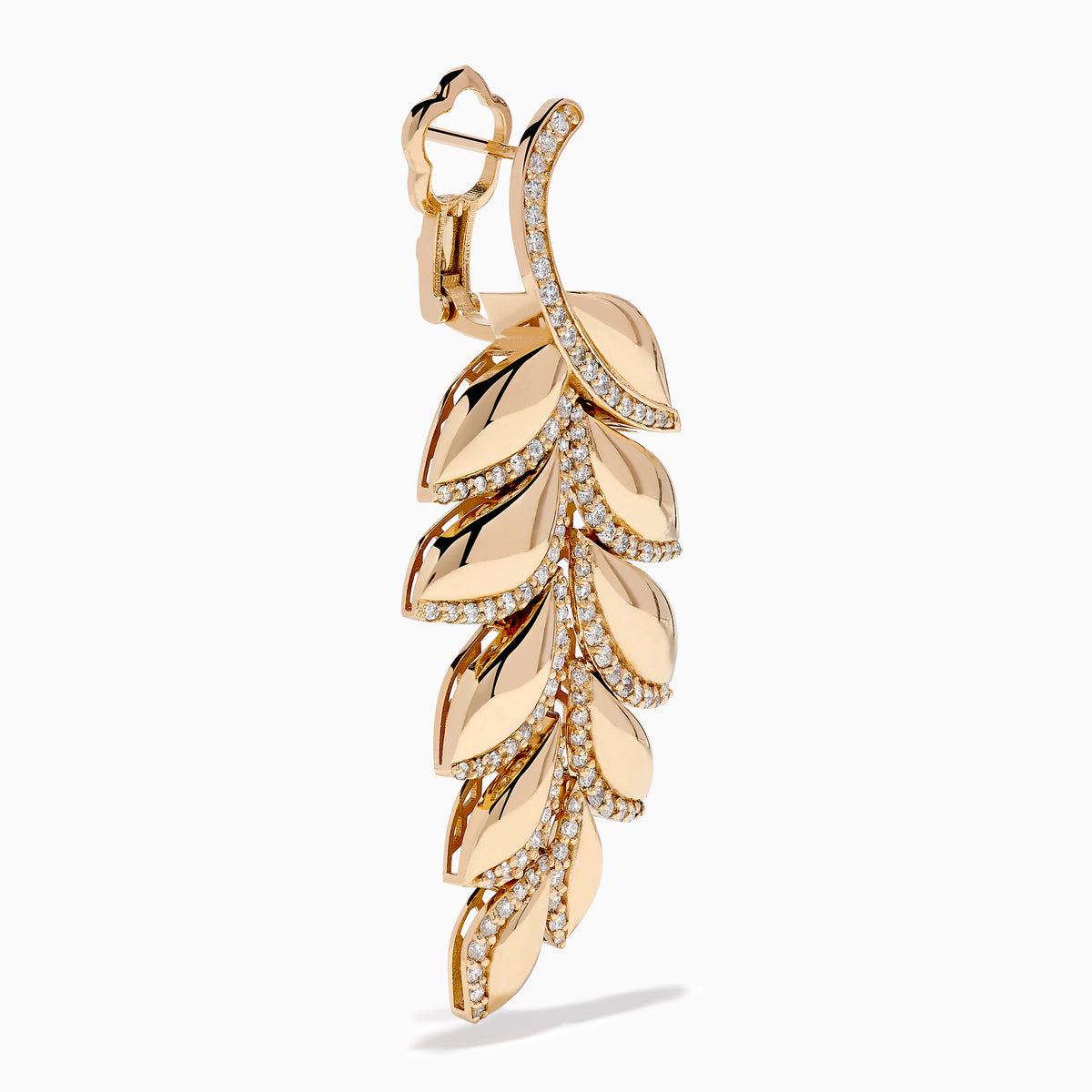 The 14K Rose Gold Diamond Leaf Cascade Drop Earrings feature sparkling diamonds in layered leaf shapes and a polished finish, beautifully displayed on a white background.
