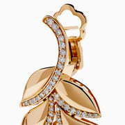 The 14K Rose Gold Diamond Leaf Cascade Drop Earrings feature sparkling diamonds in layered leaf shapes and a polished finish, beautifully displayed on a white background.