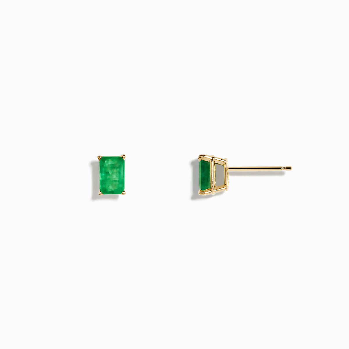 A pair of 14K Yellow Gold Solitaire Emerald Cut Emerald Stud Earrings, 1.05 TCW, displayed on a plain white background.