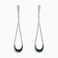 The 14K White Gold Blue and White Diamond Drop Earrings feature teardrop loops accented with sparkling white stones and blue stones near the bottom for a timeless, elegant look.