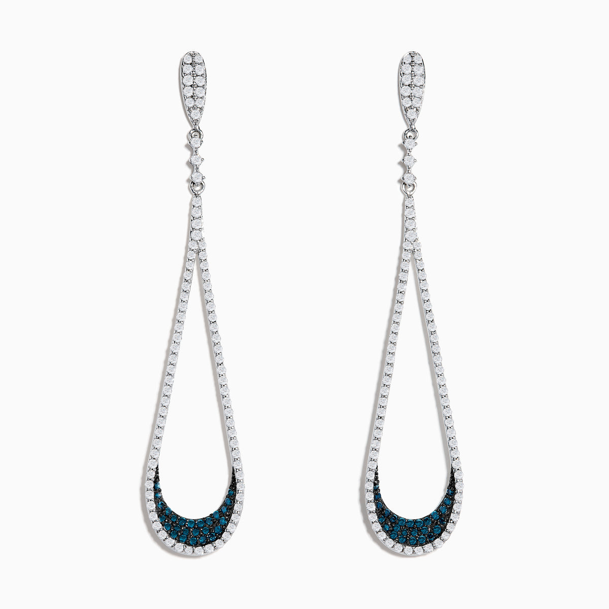 The 14K White Gold Blue and White Diamond Drop Earrings feature teardrop loops accented with sparkling white stones and blue stones near the bottom for a timeless, elegant look.